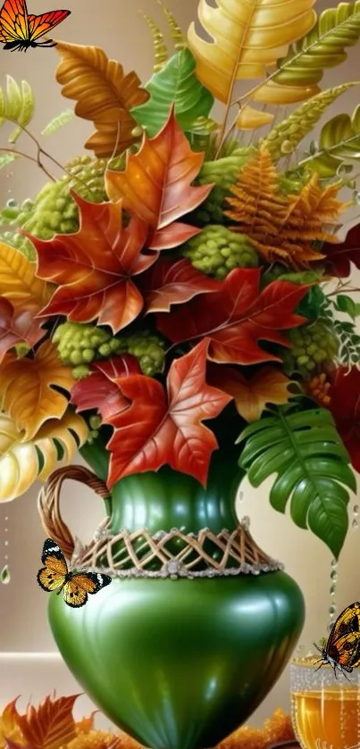 Lush autumn leaves in vase with butterflies.