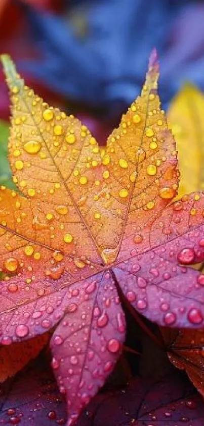 Vibrant autumn leaves with colorful hues and dewdrops.