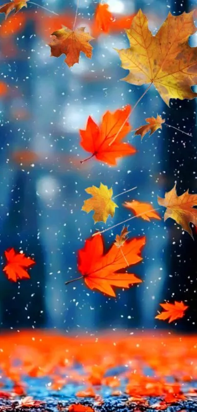 Brightly colored autumn leaves falling against a blurred natural background.