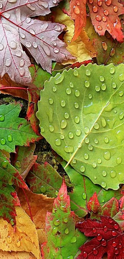 Colorful autumn leaves with dewdrops on green background.