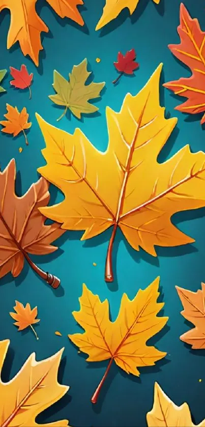 Vibrant collection of autumn leaves on a teal background, perfect mobile wallpaper.