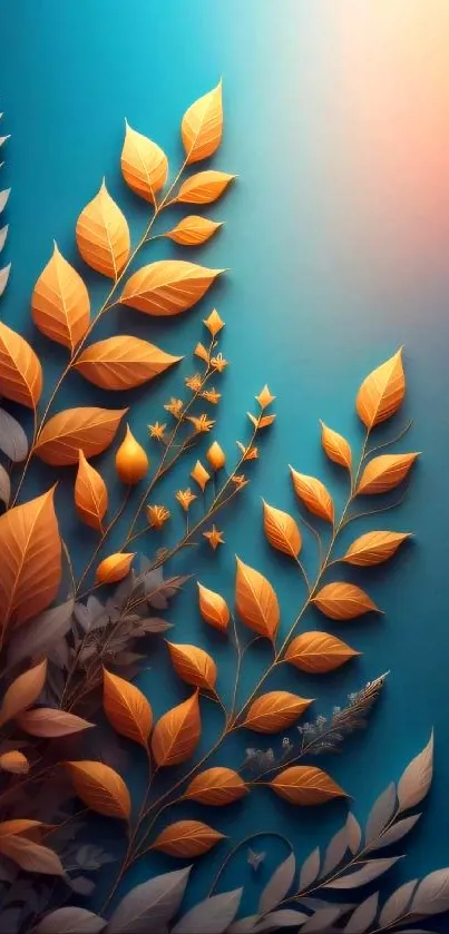 Colorful mobile wallpaper with orange leaves on a teal blue background.