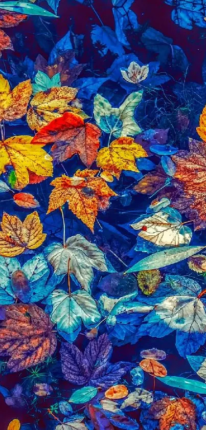 Colorful autumn leaves on a vibrant blue background.