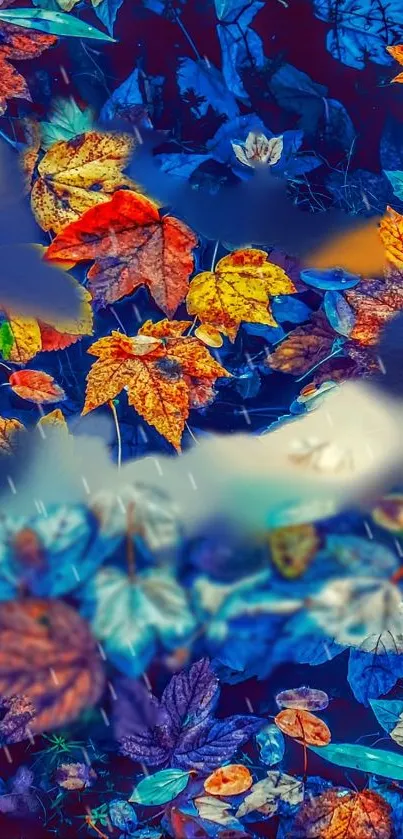 Vibrant orange and blue autumn leaves on a mobile wallpaper.