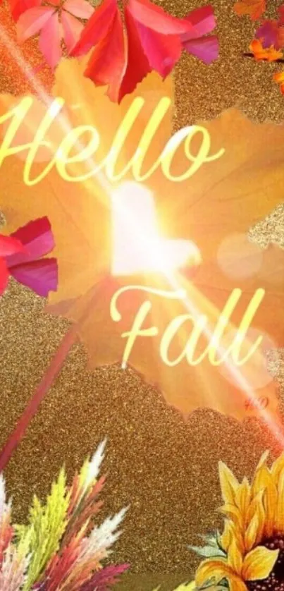 Colorful autumn wallpaper with 'Hello Fall' text, leaves, and sunflowers.