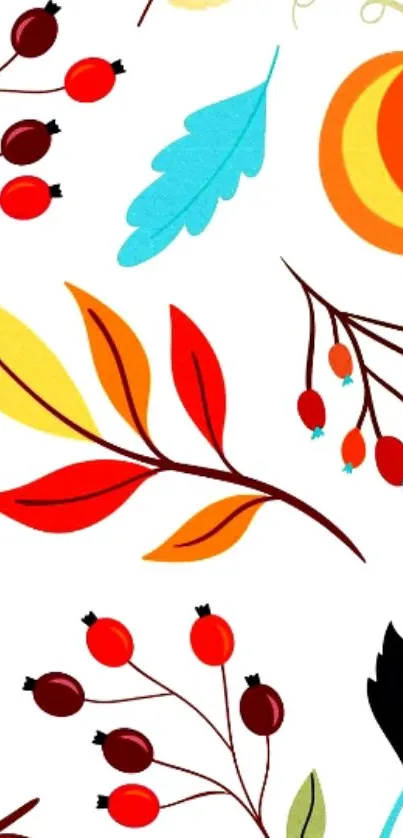 Colorful autumn-themed wallpaper with pumpkins and vibrant leaves.