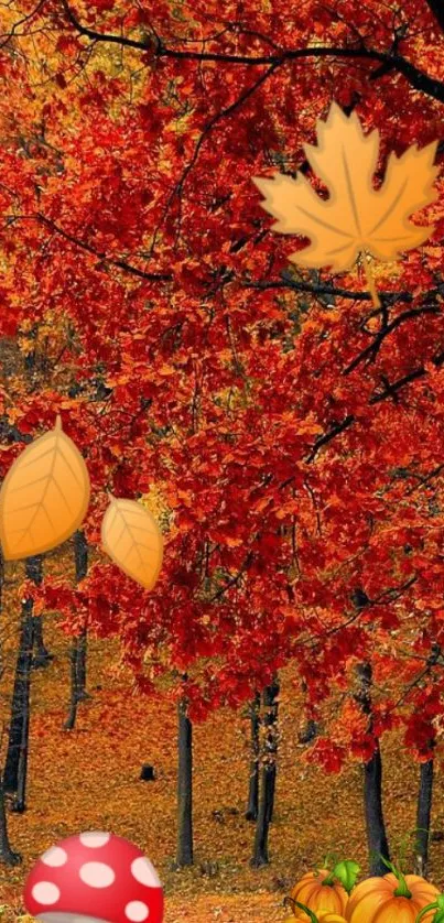 Autumn forest wallpaper with leaves, mushrooms, and pumpkins.