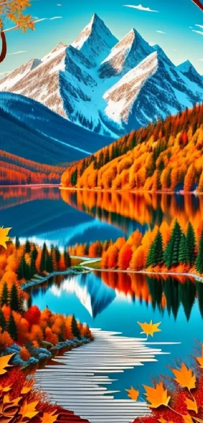 Vibrant autumn scene with mountains and colorful foliage.