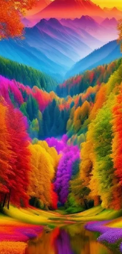 Vibrant forest with colorful trees and mountains