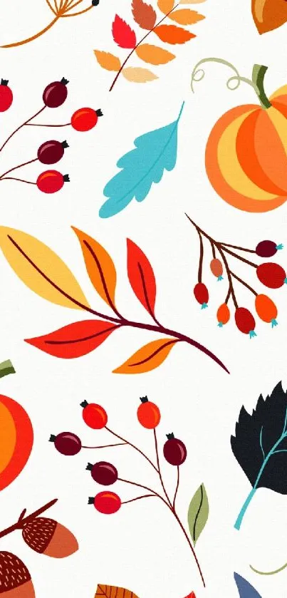 Vibrant autumn wallpaper with leaves and pumpkins.