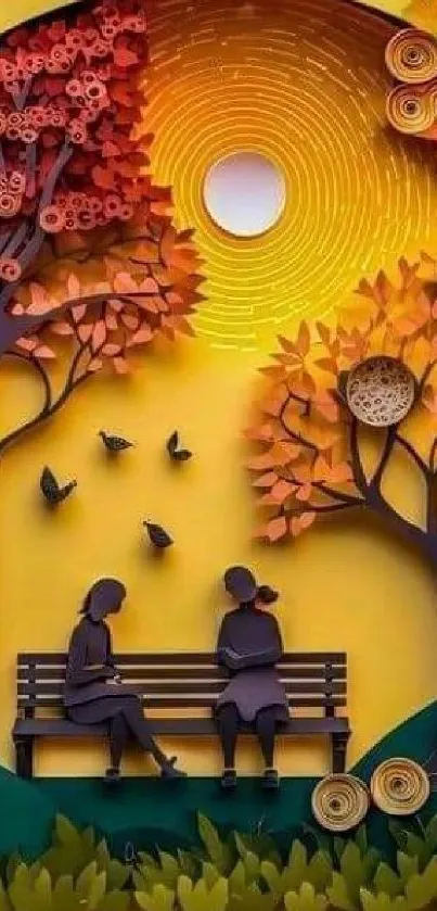 Vibrant paper art of autumn trees with a sunlit sky.