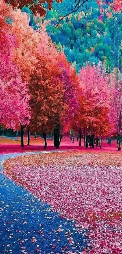 Vibrant autumn park scene with colorful trees and a winding path.