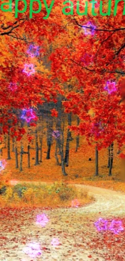 Autumn path with vibrant orange foliage and star effects.