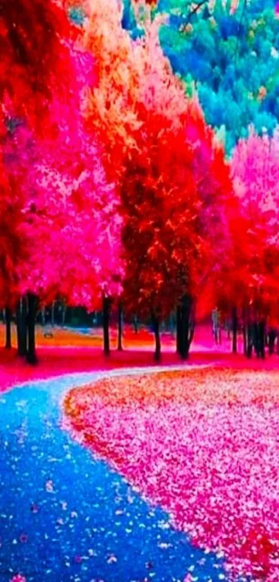 Vibrant magenta autumn path wallpaper with colorful trees.