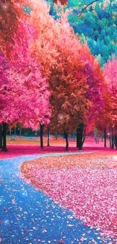 Vibrant autumn path with colorful leaves under pink foliage.