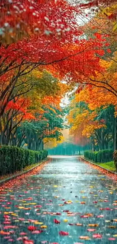 Scenic autumn pathway with colorful trees and rain-kissed path.