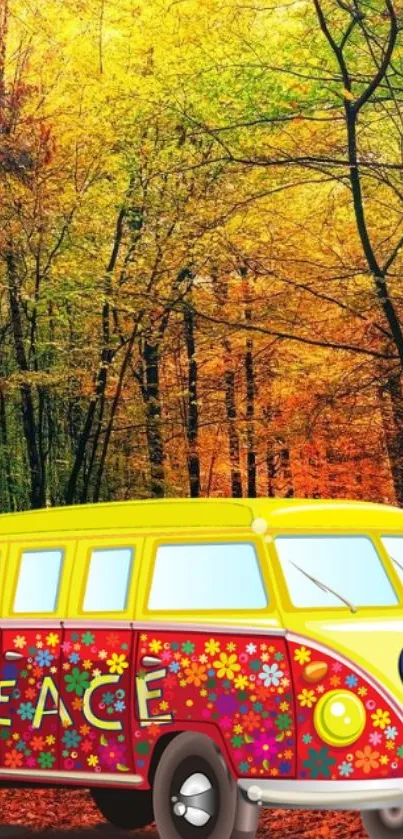 Colorful van with peace sign in autumn forest wallpaper.