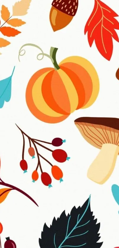 Vibrant autumn design with pumpkins, leaves, and acorns for phone wallpaper.