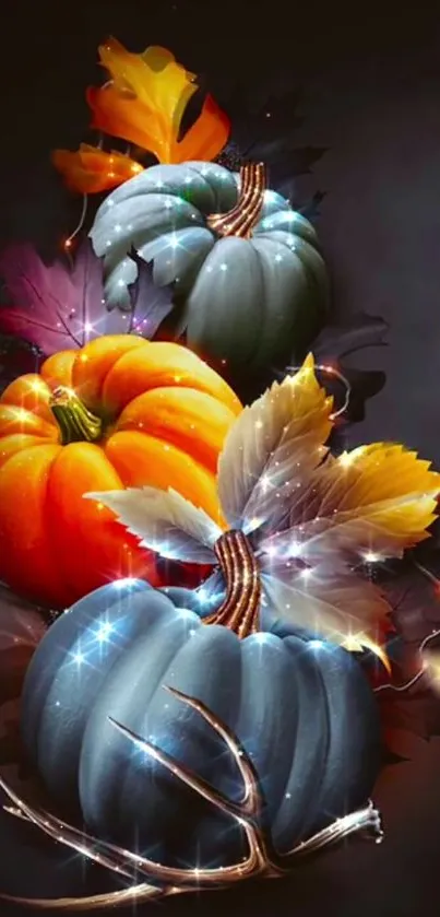 Artistic phone wallpaper with colorful pumpkins and leaves.