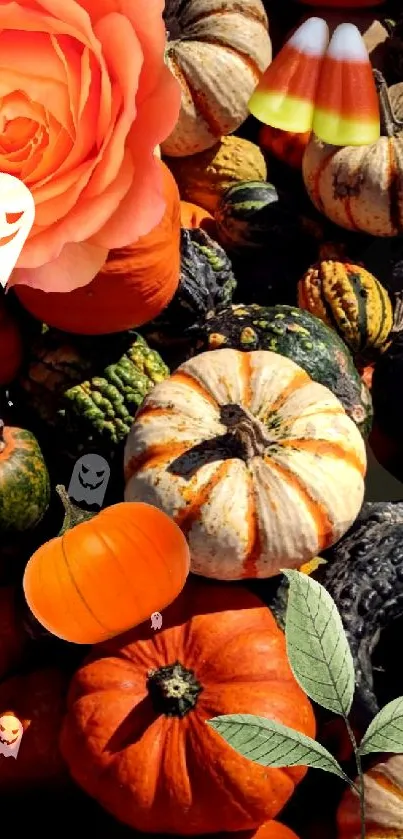 Autumn pumpkins and gourds in vibrant orange hues for festive mobile wallpaper.