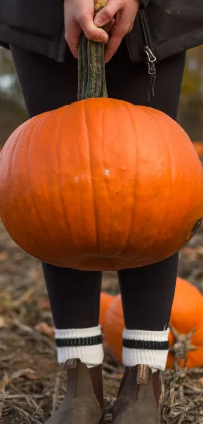 Person holding pumpkin in autumn field.