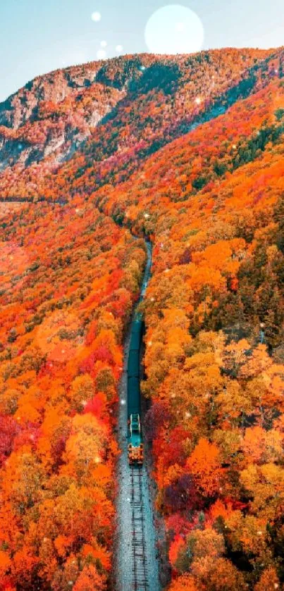 Train traveling through vibrant autumn landscape with orange leaves.