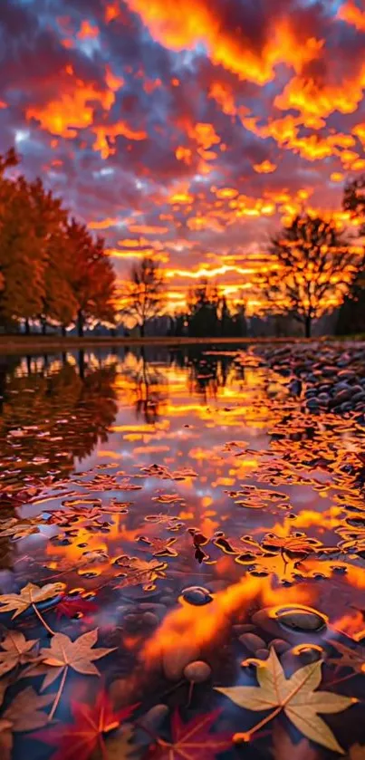 Autumn leaves reflecting in a vibrant sunset sky over a calm river.
