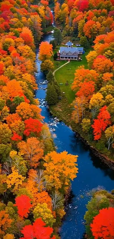 Aerial view of a vibrant autumn river landscape with lush foliage.