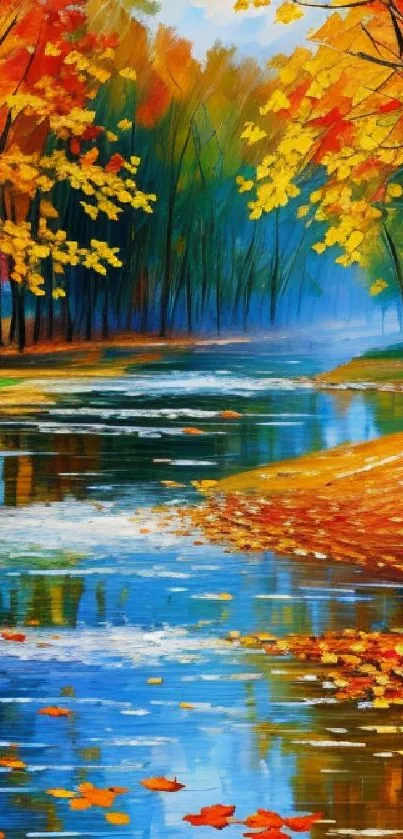 Vibrant autumn river scene with colorful leaves reflecting in the water.