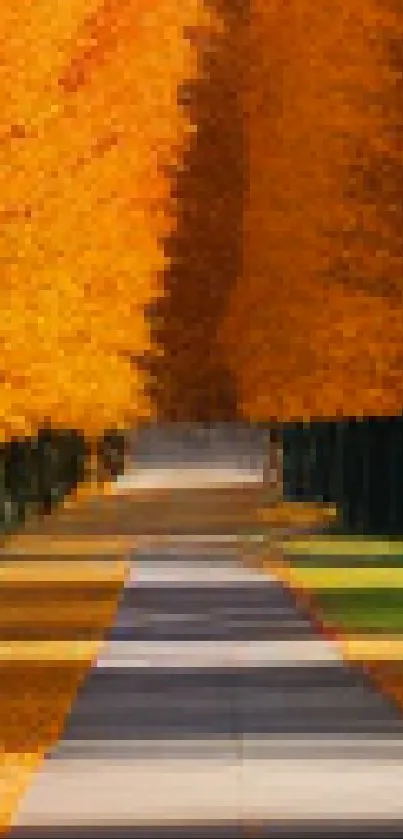 Colorful autumn road with vibrant trees and clear sky.