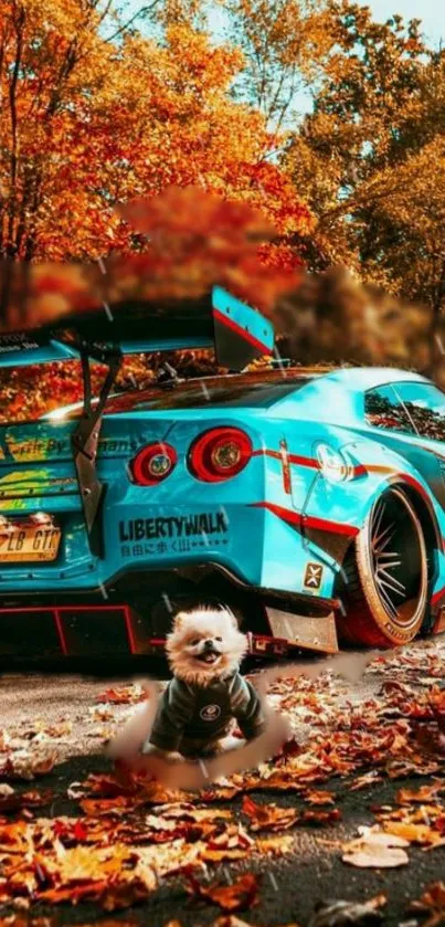 Blue sports car with autumn leaves on a scenic road.