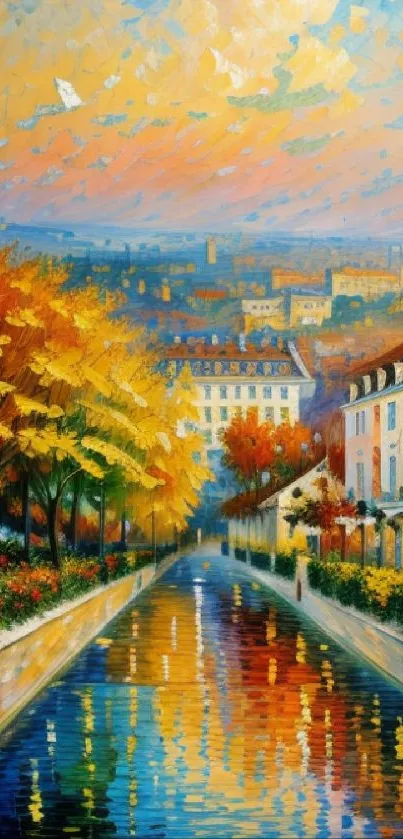 Vibrant autumn scene with a colorful canal and townhouses in artistic style.