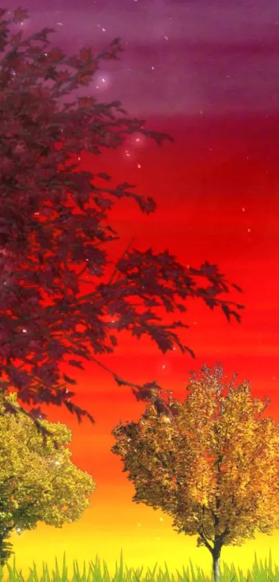 Vibrant autumn sunset with colorful trees and a gradient sky.