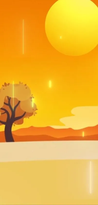 Illustration of an orange sunset with tree silhouette.