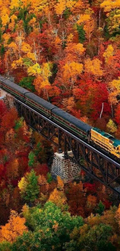 Train crossing an autumn forest bridge with vibrant orange leaves.