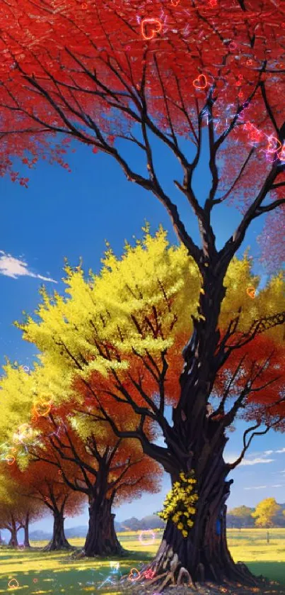 Autumn trees with red and yellow leaves under a blue sky.