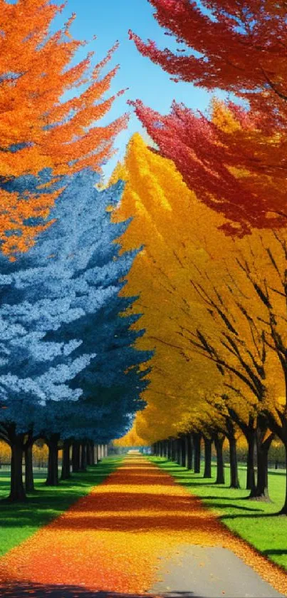 Vibrant autumn trees line a sunny pathway.