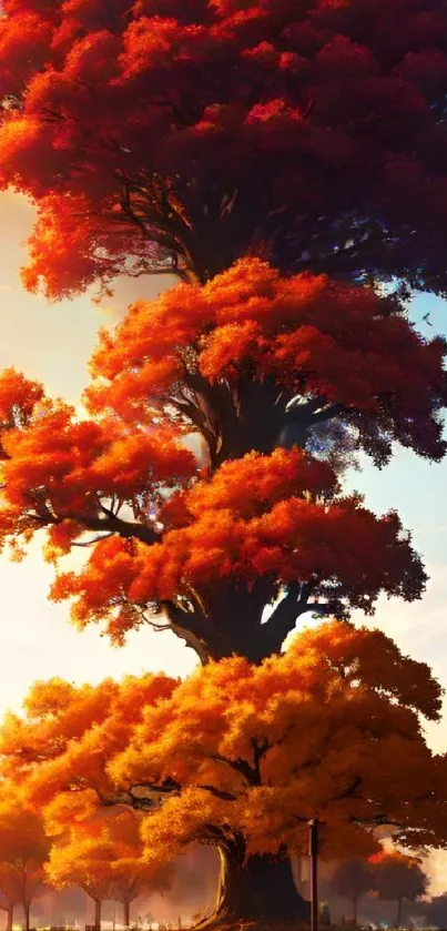 Majestic tree with vibrant autumn leaves against a cityscape.