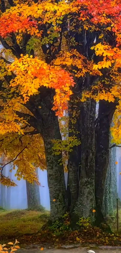 Majestic autumn tree with vibrant yellow leaves in a serene forest setting.