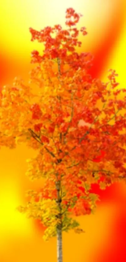 Vibrant autumn tree with red and yellow leaves on a gradient background.