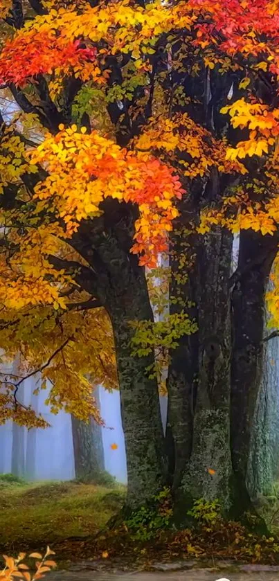 Bright autumn tree with orange leaves in a misty forest setting.