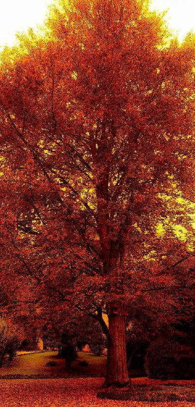 Vibrant autumn tree with rich orange leaves in a scenic park setting.