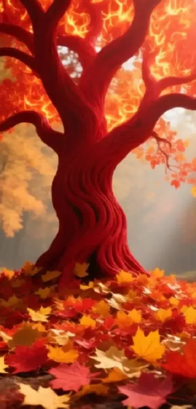Fiery autumn tree with vibrant red and orange leaves in a forest setting.