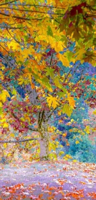 Colorful autumn tree with vibrant leaves and scenic view.