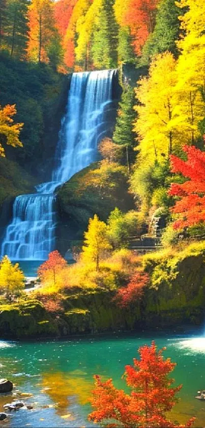 Autumn waterfall with vibrant foliage and serene forest setting.