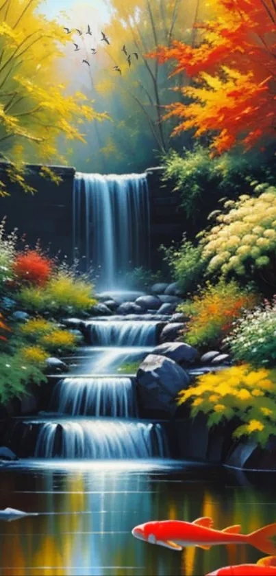 Autumn waterfall with vibrant foliage and koi fish swimming below.