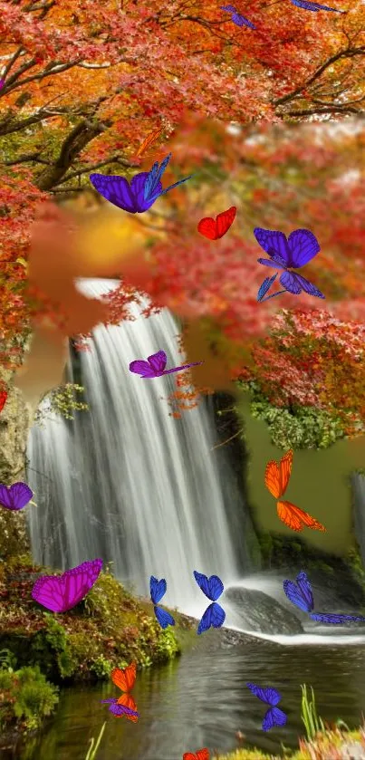 Autumn waterfall with colorful butterflies and vibrant foliage.