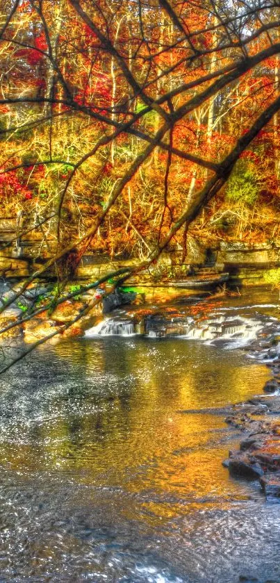 Autumn waterfall wallpaper with vibrant fall colors and tranquil water flow.