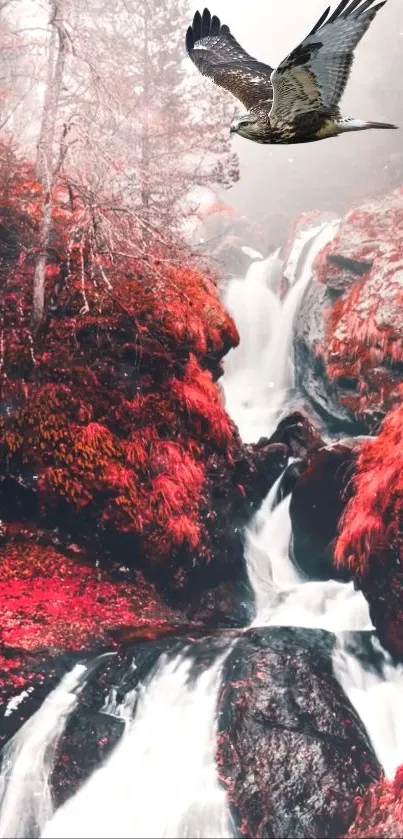 Vibrant autumn waterfall with red foliage and flowing water.