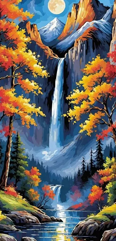 A vibrant waterfall flows through colorful autumn trees with mountains under moonlight.